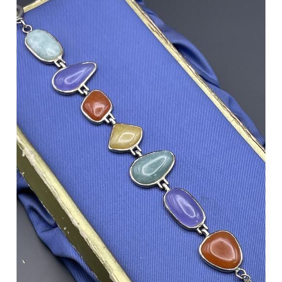 Sterling Silver Bracelet Jade Multi Color Green Purple Lavender Toggle HN China - Picture 3 of 9